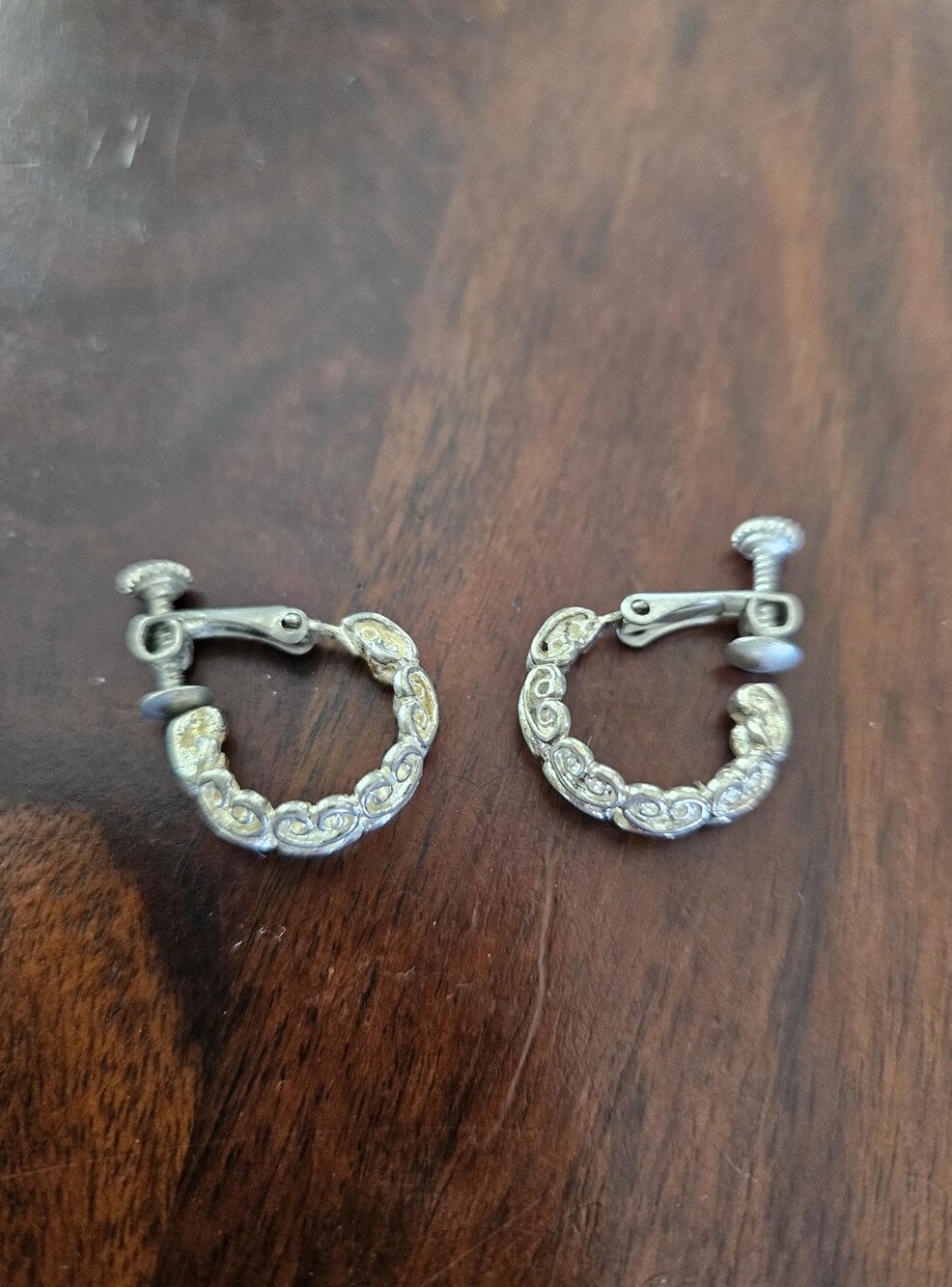 Vintage Napier Silver-Tone Floral Scroll Clip-On Hoop Earrings (Early 90's)